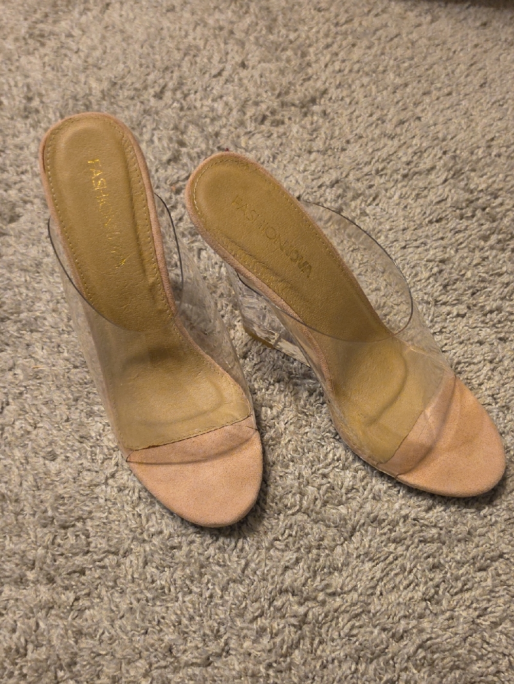 Fashion Nova Clear Lucite Mules with Blush Pink Suede Toe